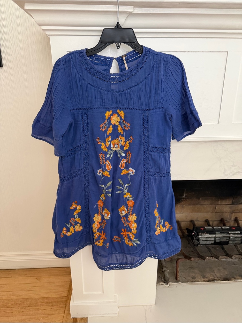 Free People Royal Blue Mini Dress with Orange Floral Embroidery